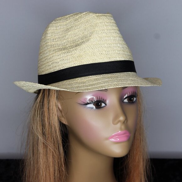 Tan Short Brim Straw Hat with Black Band - Picture 2 of 2